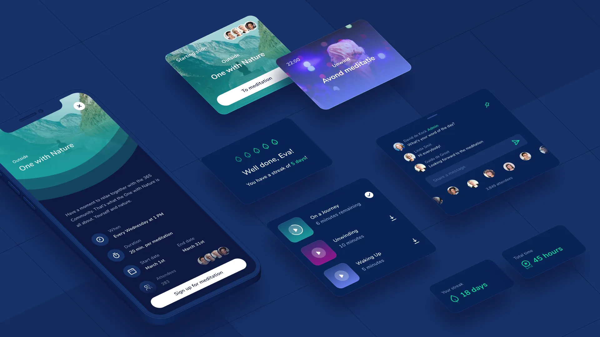A selection of interface components — programme cards, a streak counter, the live chat, and stats for total minutes meditated