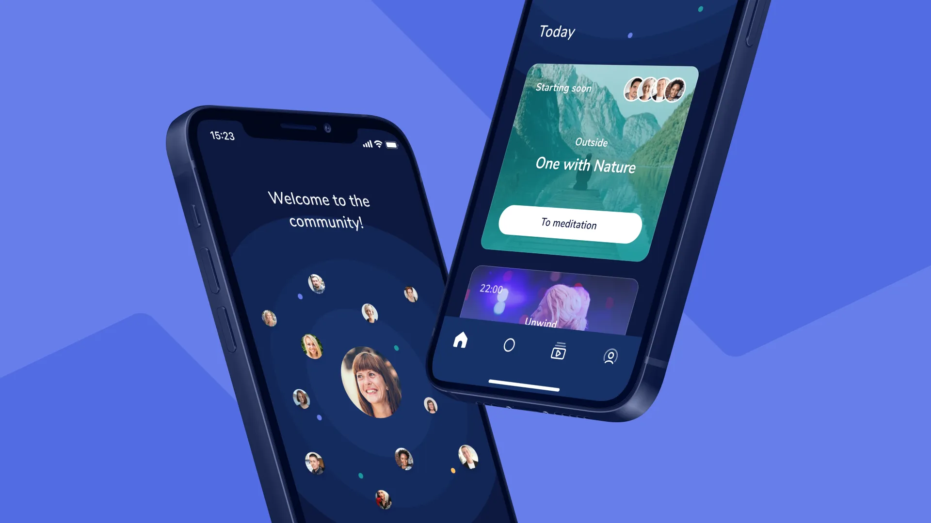 Mobile screens — a welcome view with a constellation of member faces, and a Today view with the next live meditation