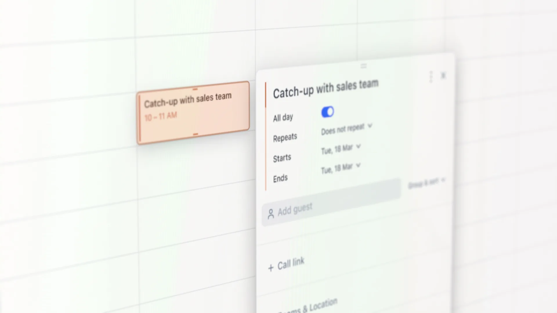 An angled view of the Aerotime calendar — a 'Catch-up with sales team' event from 10 to 11 AM sits on the grid beside its open detail panel, showing all-day, repeat, start and end controls above fields for guests and a call link