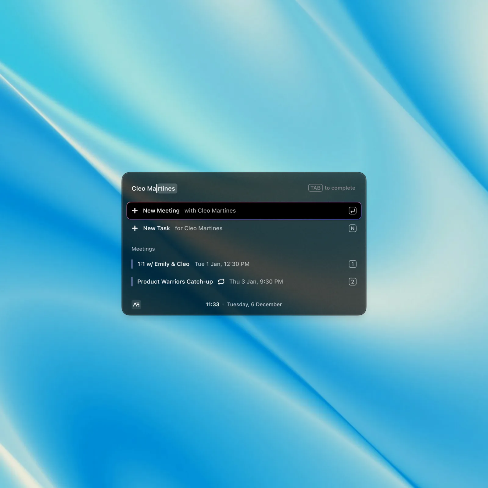 Aerotime's quick-add panel floating over a desktop wallpaper — typing 'Cleo Ma' autocompletes a colleague's name and offers a new meeting or task, with her upcoming meetings listed below