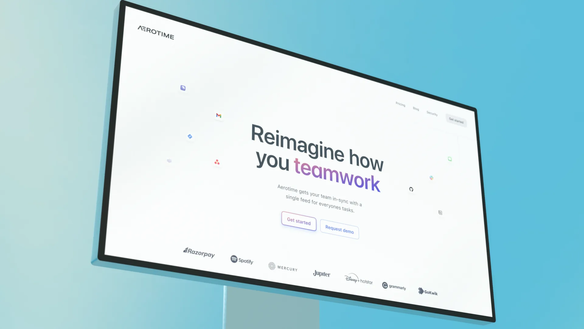 The Aerotime marketing site on an angled monitor — 'Reimagine how you teamwork' ringed by floating integration icons, with a row of customer logos below