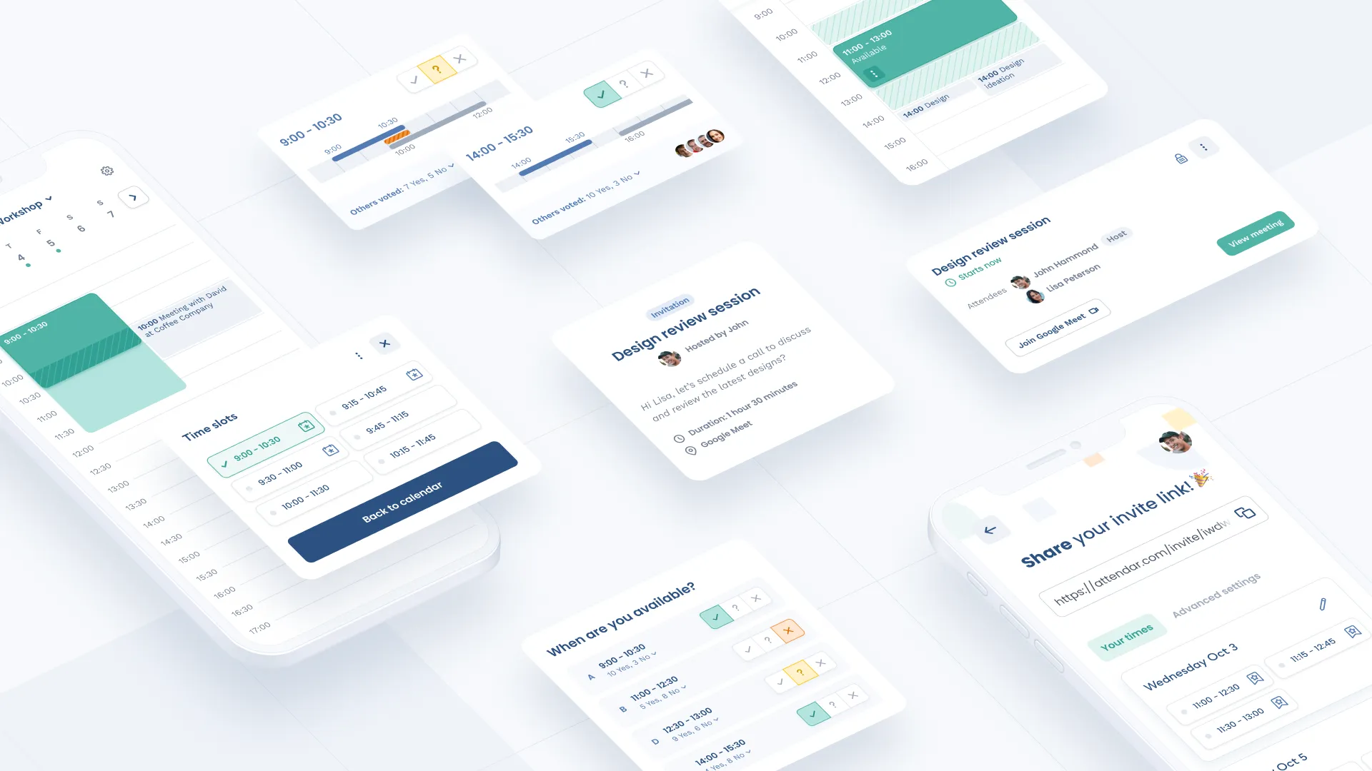 A phone held in hand showing Attendar's meeting-type picker — 'How many people are you meeting?' with One person and Multiple people options, and a Create a business appointment page button below