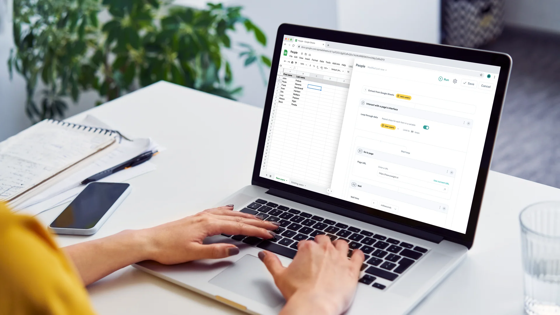 Axiom side panel running an automation alongside a Google Sheet — looping through rows of users