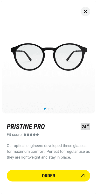 Decathlon frame detail — the Pristine Pro at 24.99 with a five-dot fit score, a note on comfort and an order button