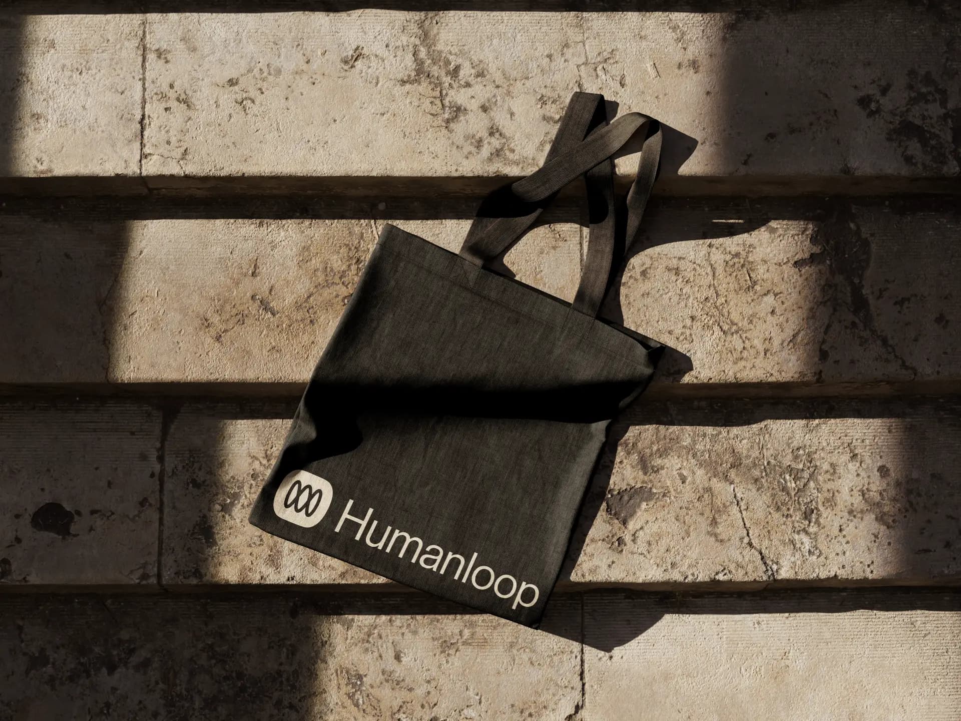 A dark Humanloop tote lying on sunlit stone steps, the mark and wordmark across its face, hard bands of shadow striping the stone around it