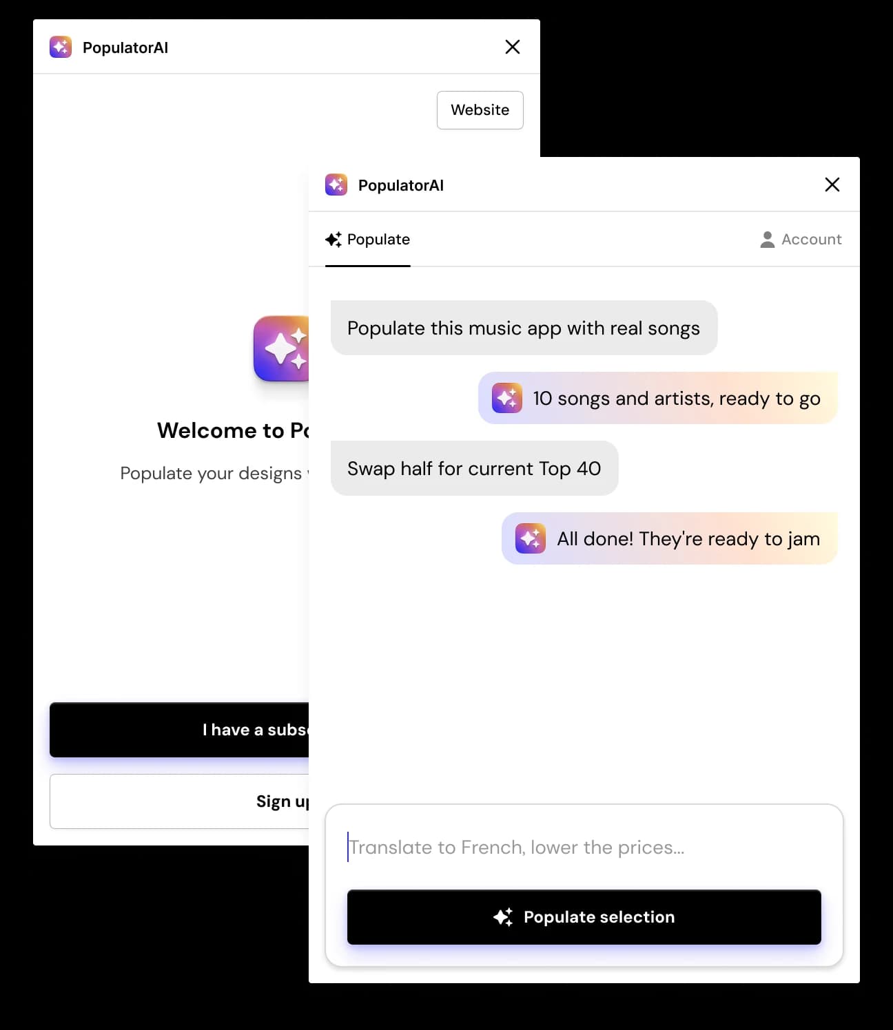 Two PopulatorAI plugin panels — a welcome screen behind, and the Populate tab in front where prompts like 'Populate this music app with real songs' return generated content