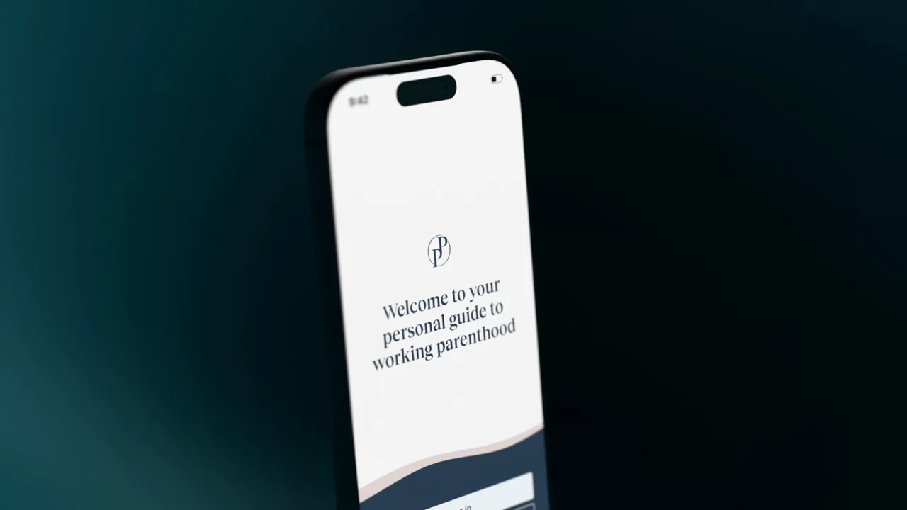 Pro Parents iOS app welcome screen on a phone — 'Welcome to your personal guide to working parenthood' set under a soft monogram