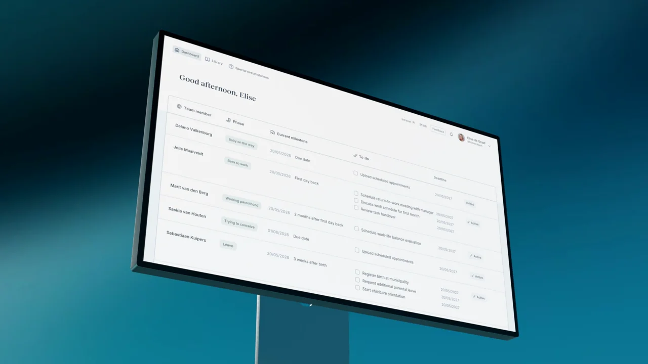 HR-facing Pro Parents dashboard on a desktop — rows of enrolled parents grouped by stage with status, content history and notes