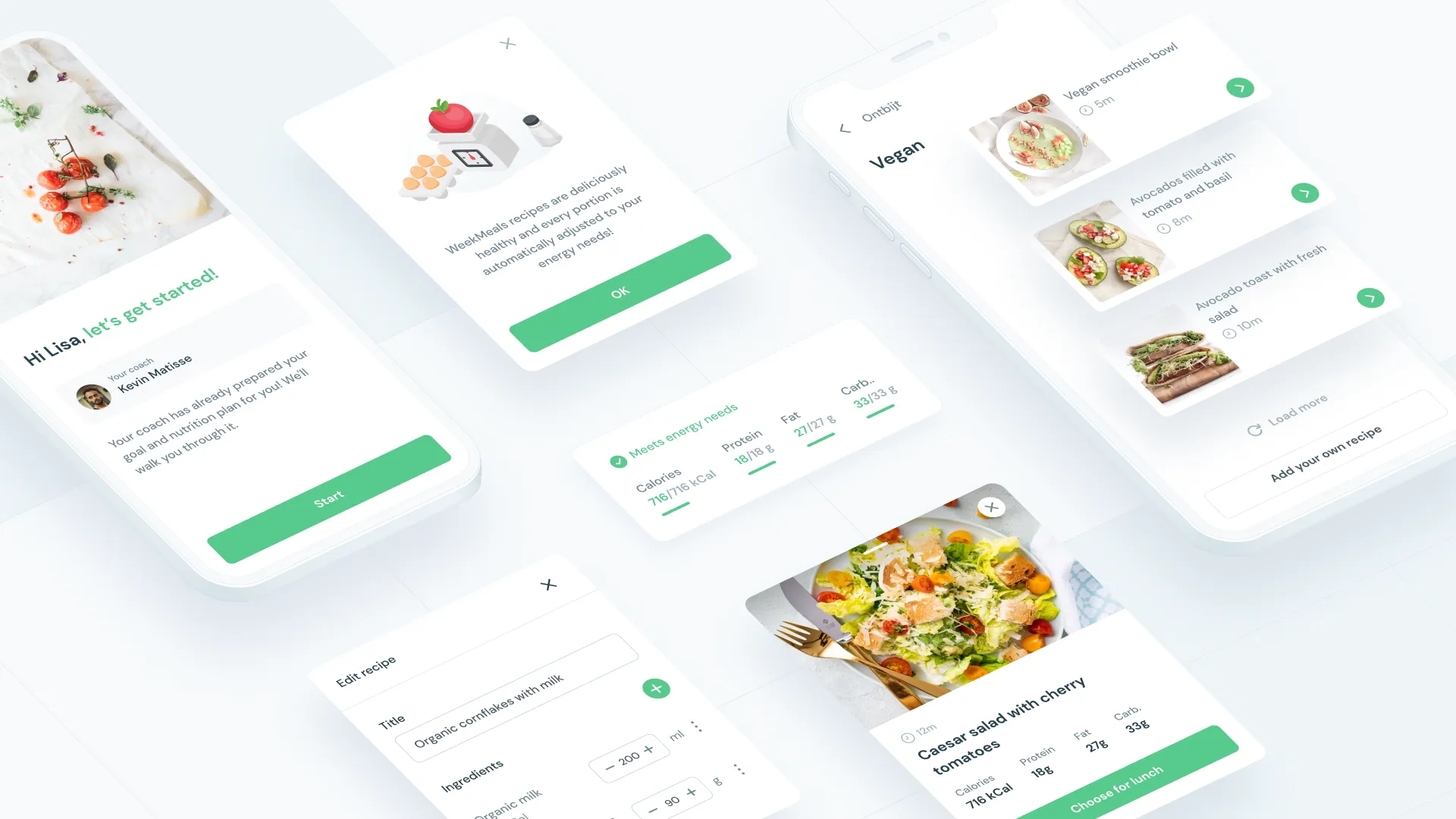 A selection of WeekMeals interface components: coach welcome card, recipe library, macro tracking, recipe editor and the daily plan view