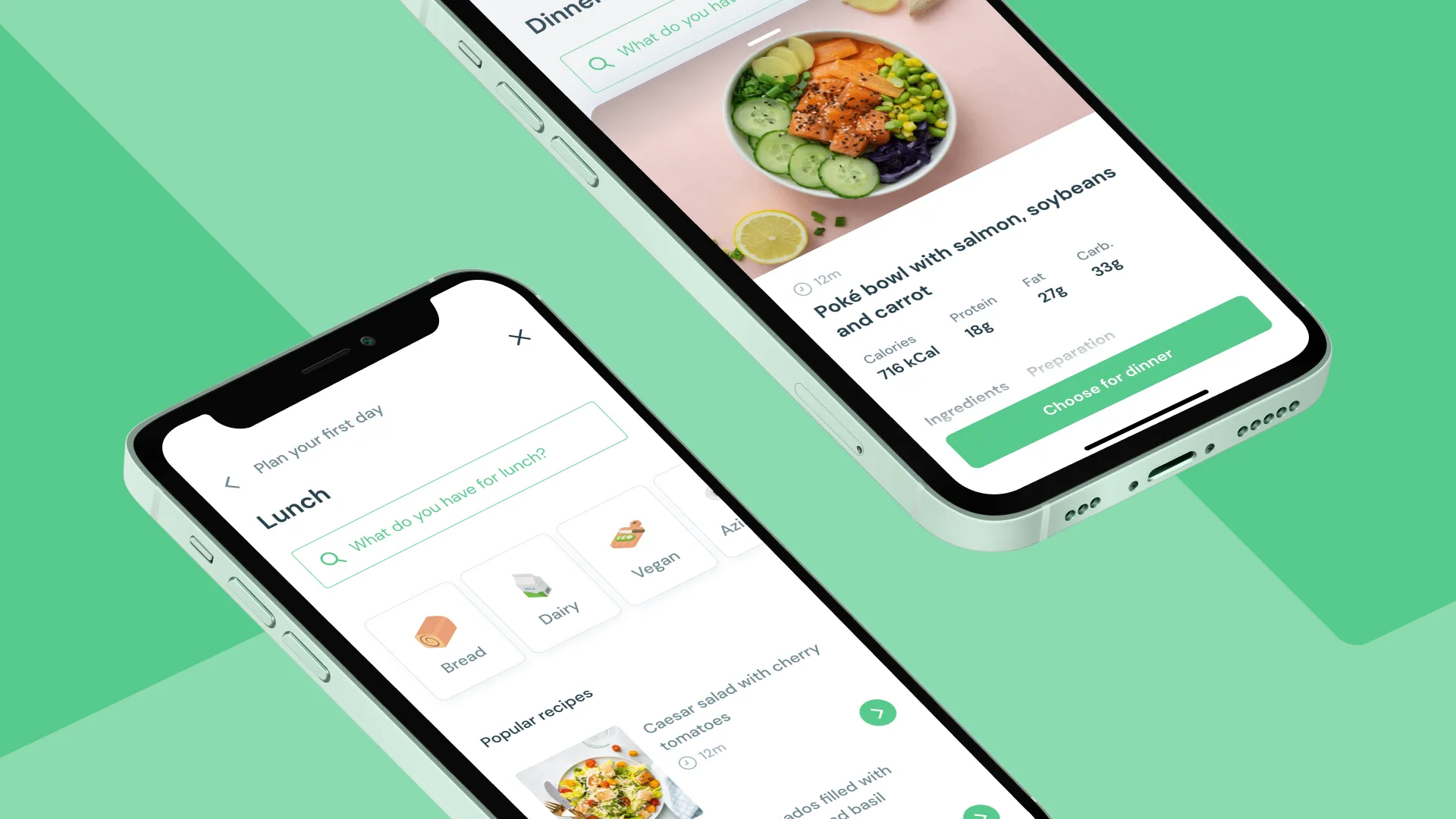 Mobile screens: a 'Plan your first day' lunch picker with category cards for Bread, Dairy and Vegan, and a Poké bowl recipe detail with calories and macros
